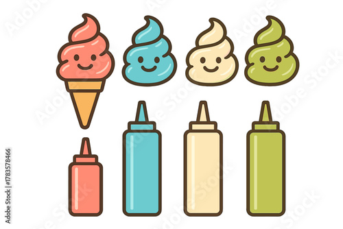 Smiling ice cream cone and condiment squeeze bottles collection