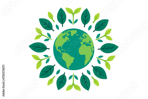 Earth globe surrounded by growing green leaves and sprouts