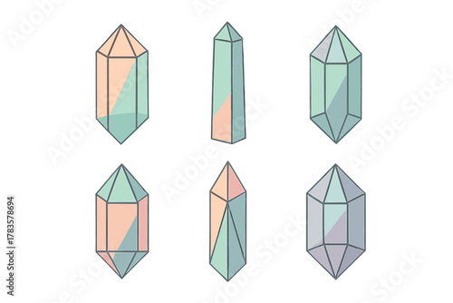 Six geometric crystal shapes with soft pastel color shading