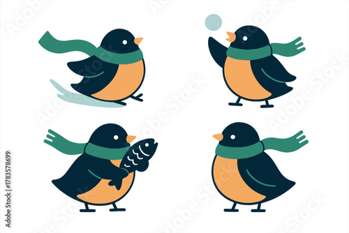 Four adorable cartoon birds enjoying various winter activities while wearing scarves