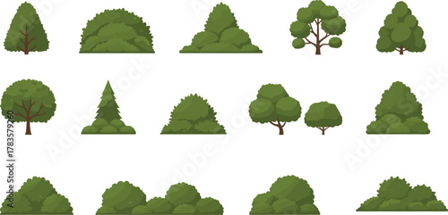 PrintTree and bush collection, cartoon foliage, nature clipart, landscape elements, vector illustration, greenery design, isolated background, eco concept, plant shapes