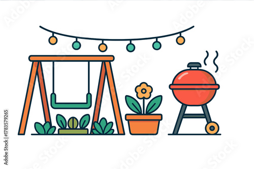 Summer backyard gathering elements featuring swing set and barbecue grill