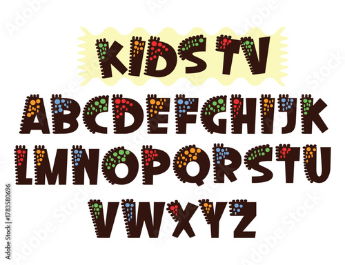 Alphabet letters in kids tv style with colorful dots and textured edges on a white background vector