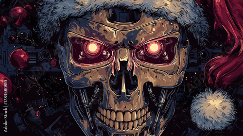 Scary Robot Santa Face, Vector Illustration. Horror  Fantasy Concept