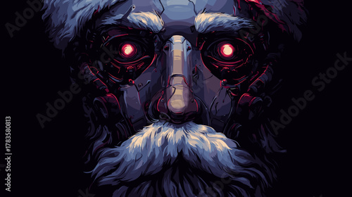 Scary Robot Santa Face, Vector Illustration. Horror  Fantasy Concept