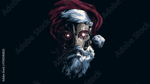 Scary Robot Santa Face, Vector Illustration. Horror  Fantasy Concept