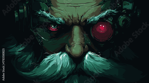 Scary Robot Santa Face, Vector Illustration. Horror  Fantasy Concept