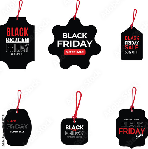 Black Friday sale abstract labels on a white background. Hanging elements, business advertising design. Vector illustration. stock illustration