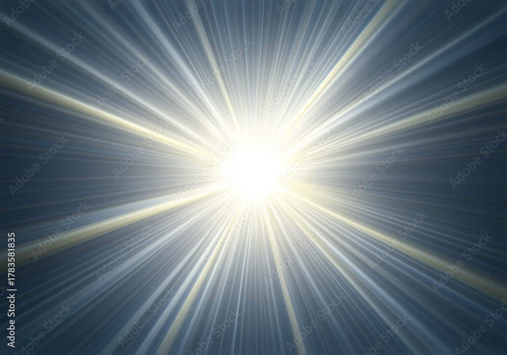 Obraz premium Bright sunburst light rays shining with radial glow effect on blue abstract background