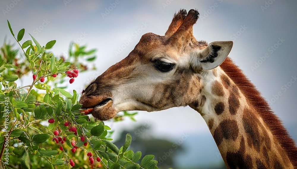 Obraz premium close up of a giraffe munching on fresh green leaves and berries showing its unique face and long mouth in natural habitat
