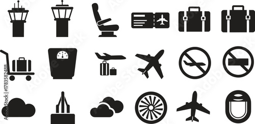 Black and White Vector Icons Representing Airport and Flight Theme
