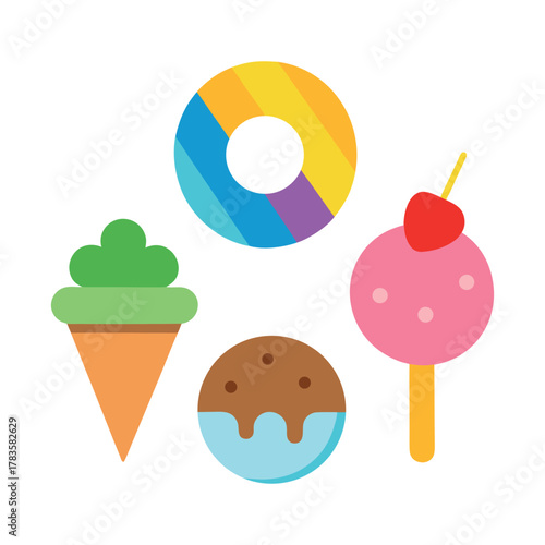 Colorful, cartoonish icons of a chocolate cake, a rainbow lollipop, a strawberry ice cream cone, and a donut, all on a white background.