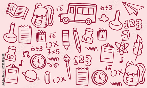 Back to school doodle set, vector hand drawn wax crayon kids education print, cartoon stationery. Colorful pencil student supply objects, backpack, classroom items. Cute back to school illustration