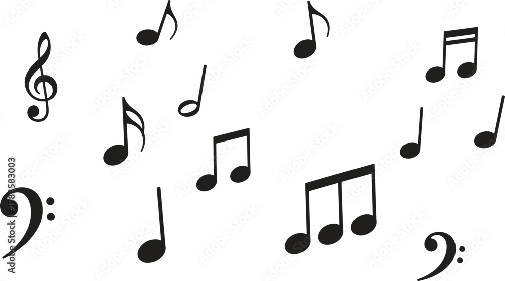 Fototapeta premium Black musical notes symbols floating on white background creating pattern