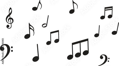 Black musical notes symbols floating on white background creating pattern