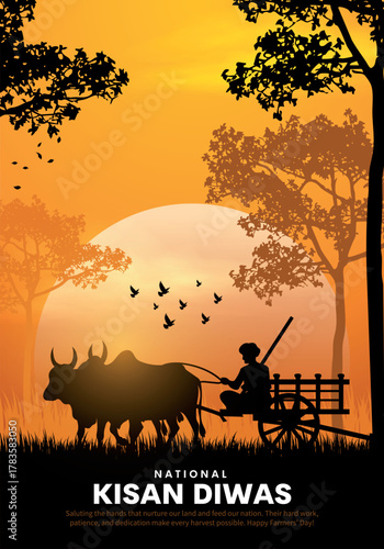 Happy Kisan Diwas Text with an Indian farmer silhouette vector illustration for a social media creative post template.