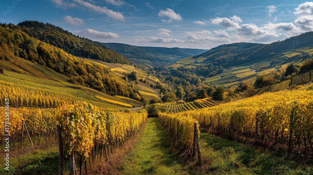 Fototapeta premium Aerial view of vineyard in valley with autumn foliage and cloudy blue sky in the background