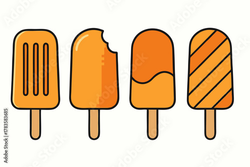 A vector set of orange popsicles in different shapes and bite marks, designed in a clean and modern style
