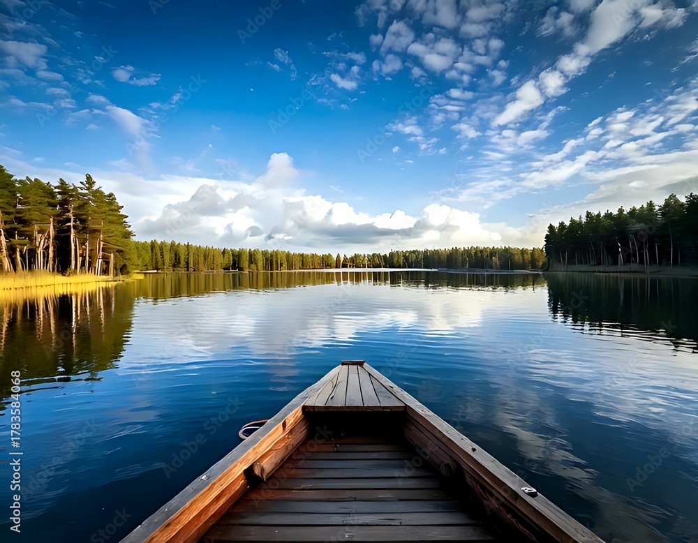 Fototapeta premium peaceful lake with pine trees, a wooden boat pier, a placid reflection on the water, and a blue sky