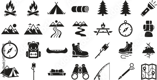 Camping and Outdoor Adventure Black and White Icon Vector Set