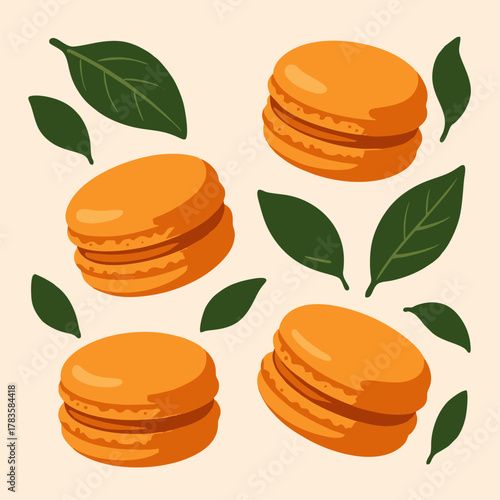 A vector illustration of orange macarons with leaves in a minimal and clean aesthetic