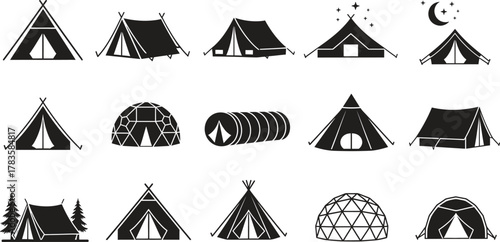 Camping Tents and Outdoor Shelters Vector Illustrations Collection in Black and White