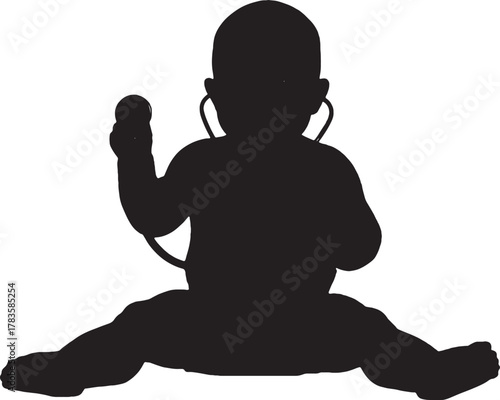 Silhouette of a baby playing doctor with stethoscope on white background