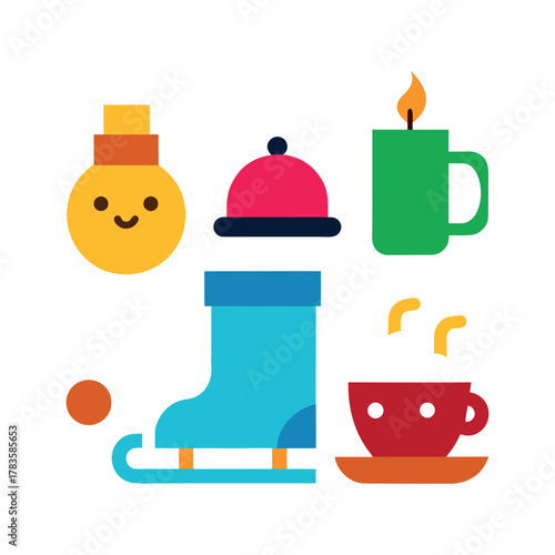 Colorful, cartoonish icons of a fireplace, a snowman, an ice skate, and a mug of hot chocolate, all on a white background.