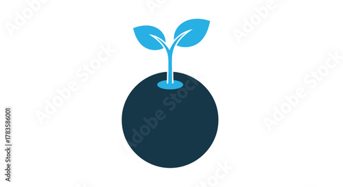 A simple stylized blue sprout growing from a dark stone silhouette