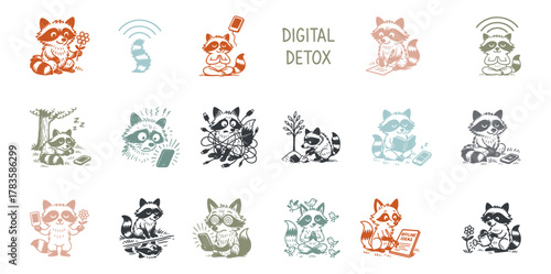Cartoon color raccoons exploring digital detox through nature, reading, and playful rebellion, set of vector, tracing