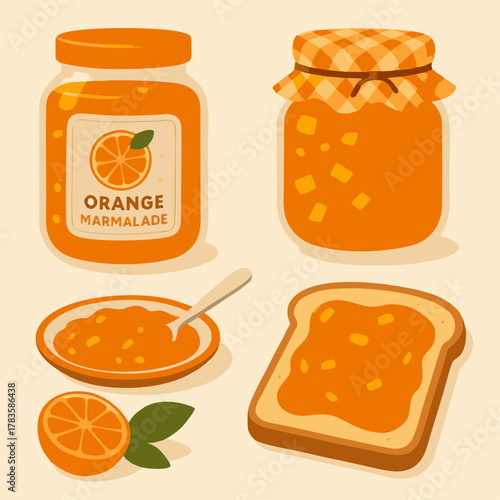 A vector illustration featuring jars of orange marmalade, a spoonful of jam, and toast slices