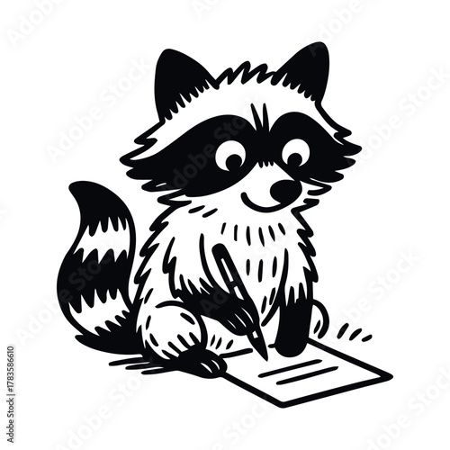 Cartoon raccoon cheerfully writing on paper with pencil in black and white line style, vector, tracing