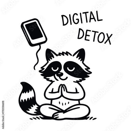 Cartoon raccoon meditating under floating disconnected phone with “Digital Detox” text in black and white line style, vector, tracing