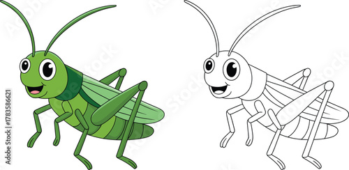 Cartoon grasshopper insect illustration, cute green bug character, coloring page outline, kids educational drawing, entomology art, vector animal design