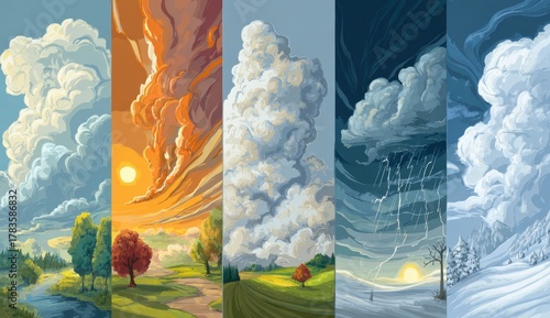 Series of four weather scenes depicting different sky conditions and seasons