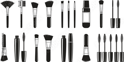 Collection of Black Silhouette Makeup Brushes and Cosmetics on White Backdrop