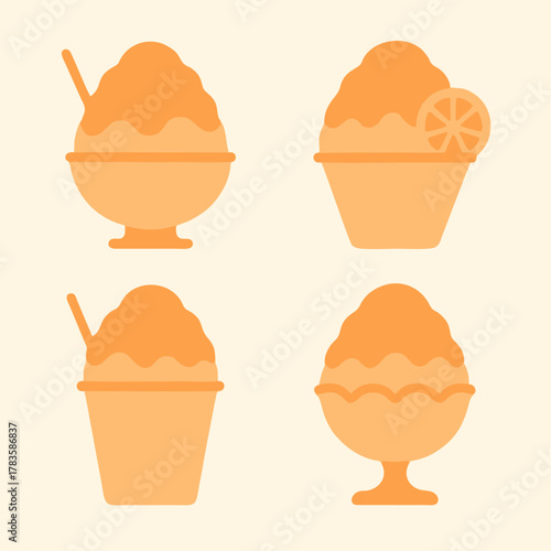 A collection of shaved ice desserts in various cup shapes with citrus themes, designed in a simple and minimal style
