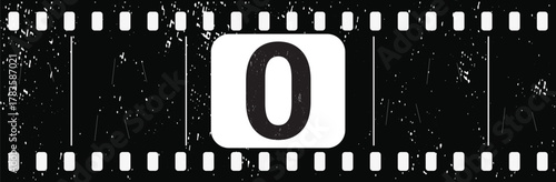 Vintage filmstrip countdown frame number 0 with grunge texture on transparent background