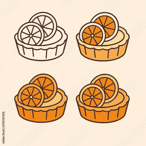 A vector collection of citrus tarts topped with orange slices, presented in a flat and minimal aesthetic