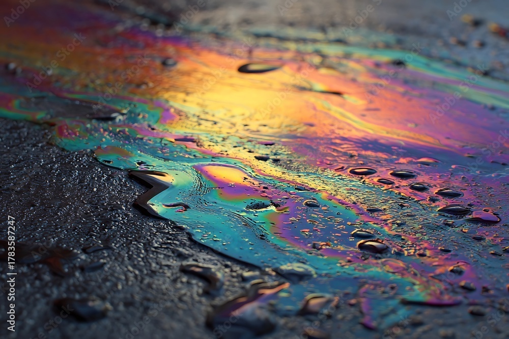 Obraz premium Vibrant iridescent oil slick patterns shimmer with rainbow colors reflecting light on wet asphalt, a stunning abstract natural phenomenon.