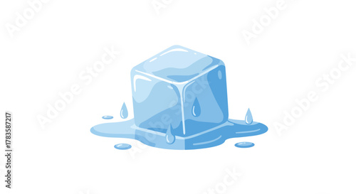 A blue cartoon ice cube is melting surrounded by water puddles and dripping drops