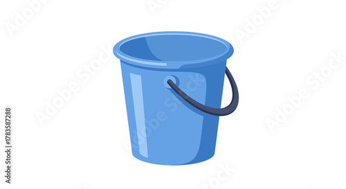 A bright blue plastic bucket with a dark gray handle isolated on white
