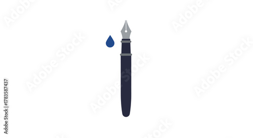 A dark blue fountain pen with a silver nib and a blue ink drop