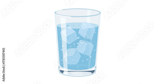 A glass of water filled with ice cubes against a white background