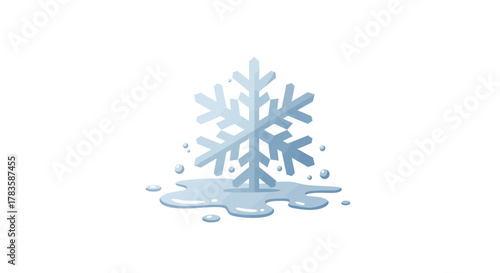 A light blue snowflake partially melted into a puddle of water