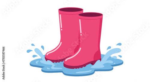 A pair of bright pink rain boots splashing in a puddle of blue water