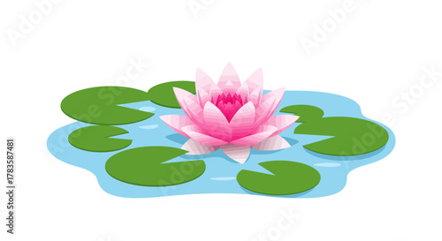 A pink lotus flower floats on blue water surrounded by green lily pads