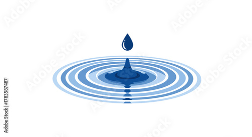 A single dark blue water droplet above concentric blue ripples on a white background