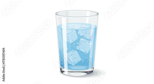 A transparent glass filled with light blue water and ice cubes against a white background