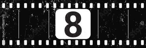 Vintage filmstrip countdown frame number 8 with grunge texture on transparent background